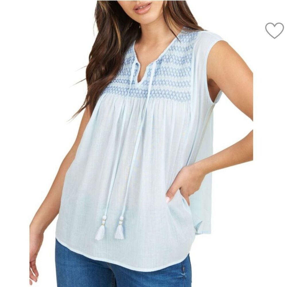 NWT Daniel Rainn Valerie Keyhole Top size Large Blue Smocked Linen Tassel Blouse
